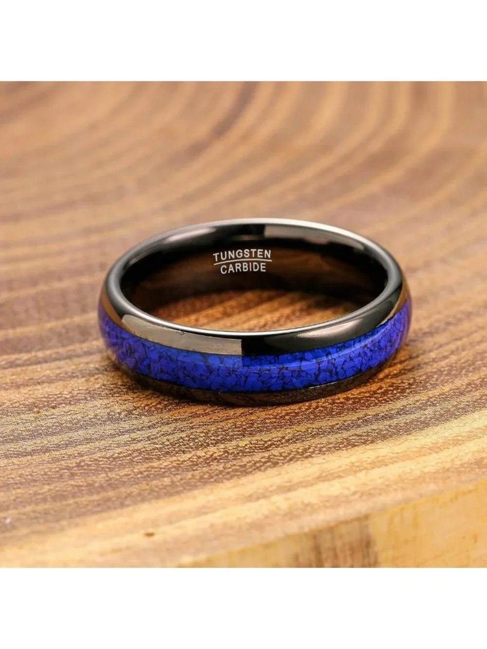 Stylish Black & Blue Tungsten Rings with Lapis Lazuli Inlay - Comfort Fit, Sizes